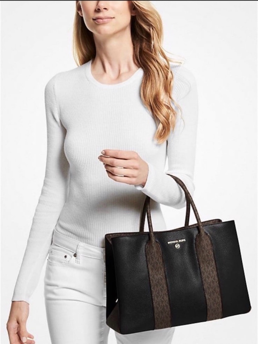 Michael Kors Austin Large Pebbled Leather Satchel Tote Bag Purse Brown Black